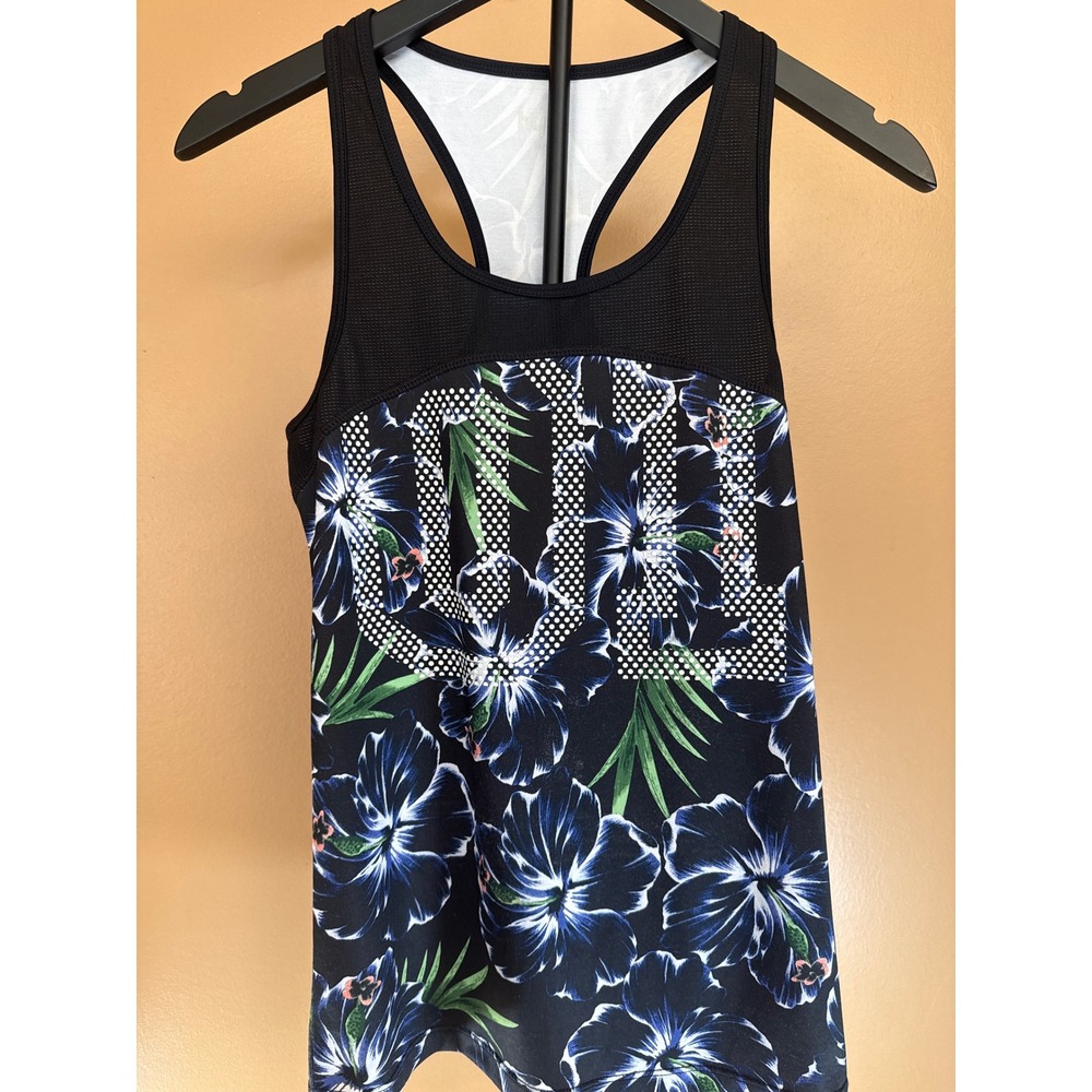 Hyba‎ Womens XS Tropical Floral Mesh Racerback Activewear Tank Top Black Blue